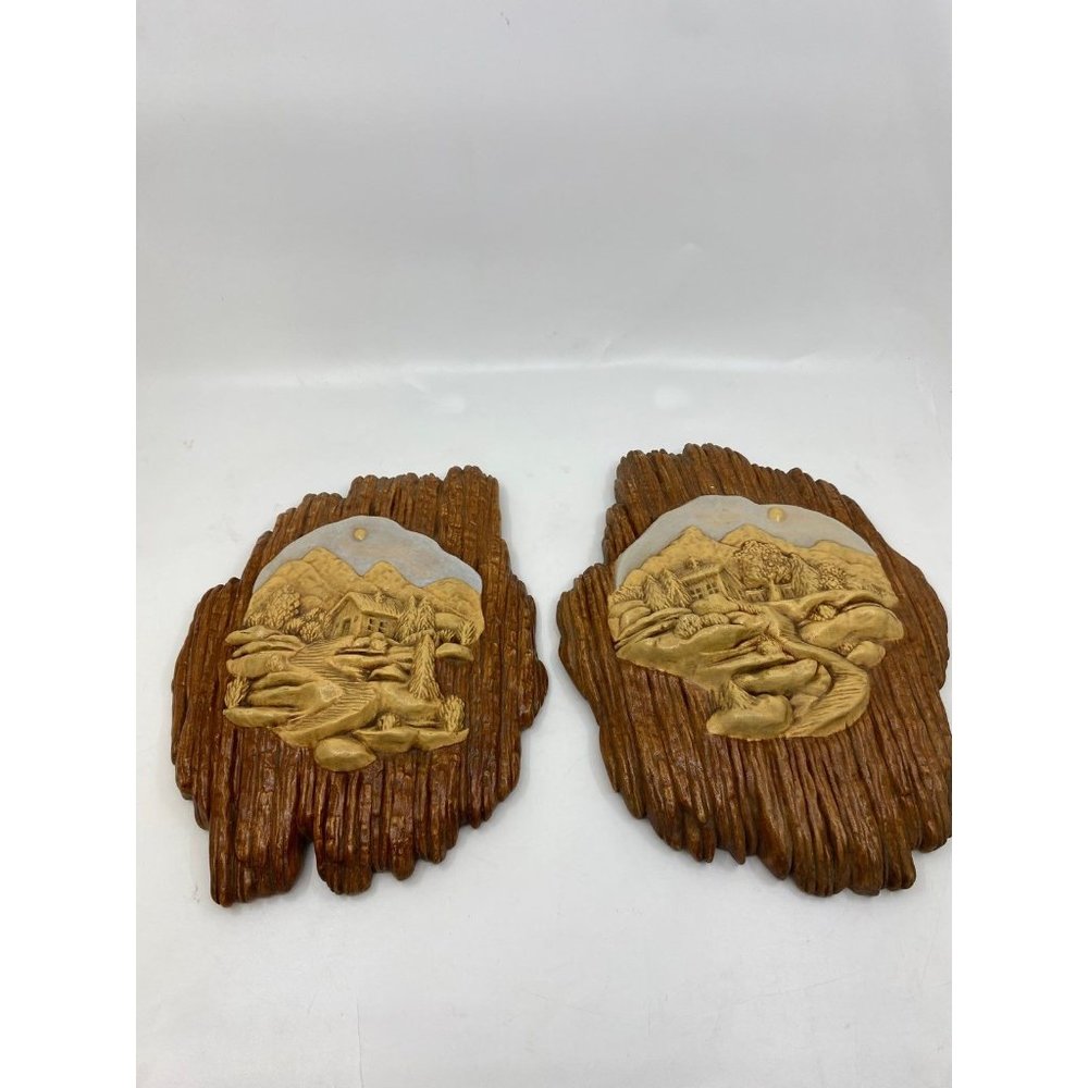 Pair Rustic Nowell's Mold Chalkware Plaques Wall Pieces 6" by 4" Cabin